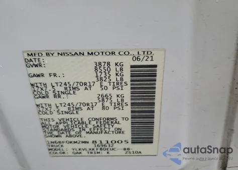 2021 Nissan Nv 1500 S z USA, uszkodzony, nr VIN 1N6BF0KM2MN811005